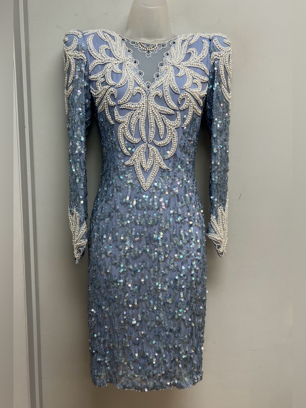 Landa Vintage Beaded Sequin Silk Cocktail Dress – Periwinkle Blue – Size 6